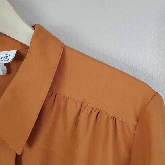 70s womens burnt orange pleat front top career button up blouse L - Picture 5 of 9